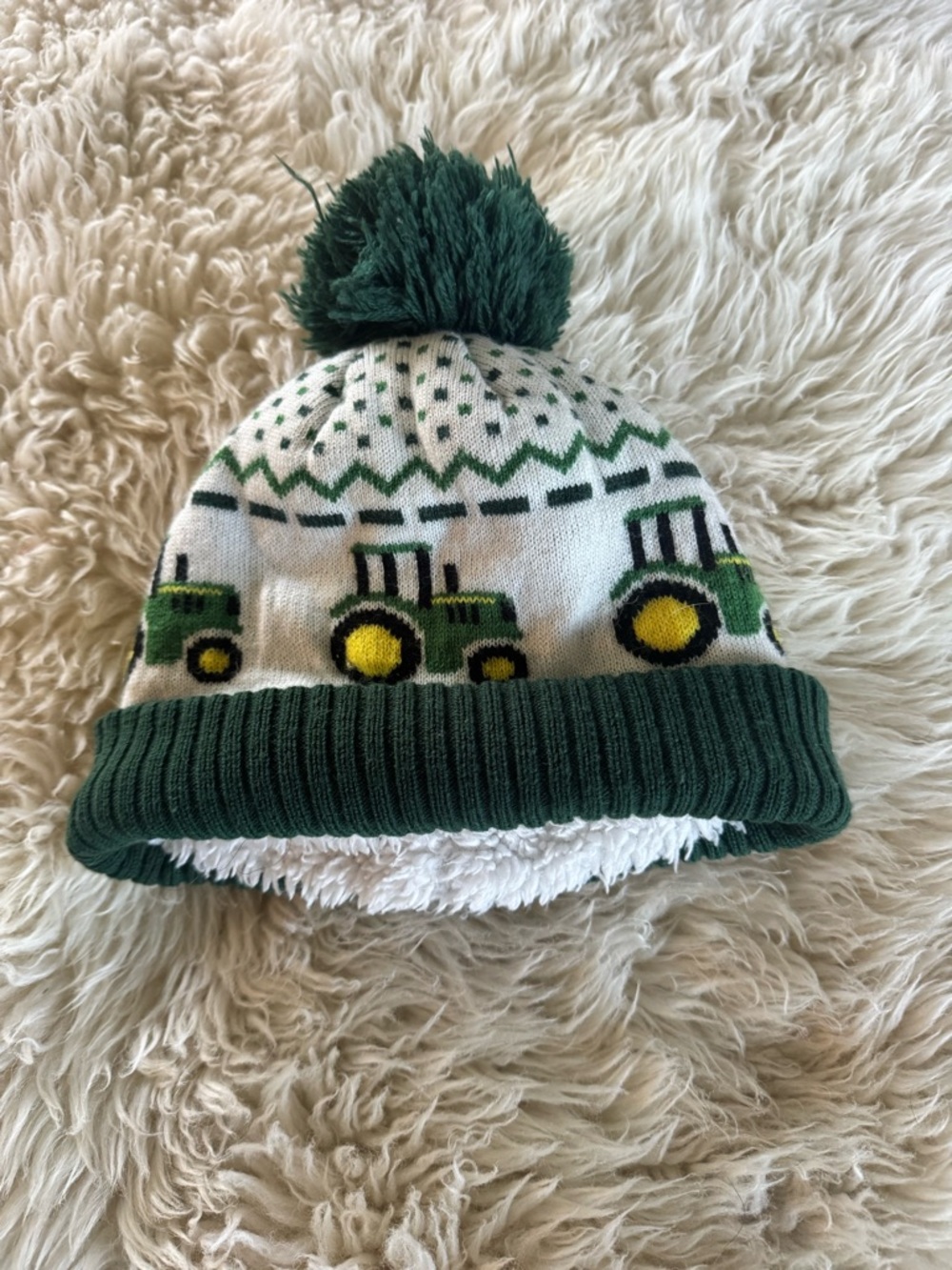 Toddler Green Tractor John deer Pom Beanie Hat - Cozy Lined Winter Cap